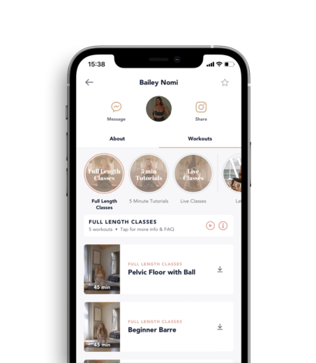 In-app workouts shown on a device