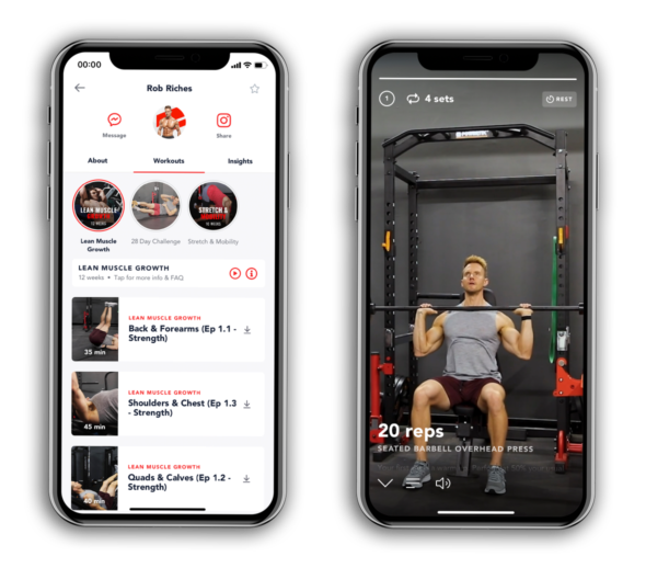 In-app workouts shown on a device