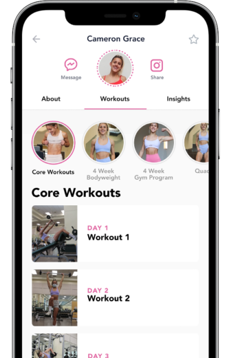 Workouts in the app shown on a device